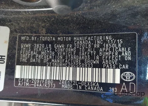 2016 Toyota Corolla S Plus z USA, uszkodzony, nr VIN 2T1BURHE2GC550933